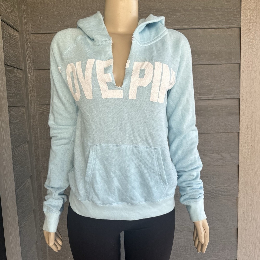 PINK Victorias Secret Deep V-neck Terry Cloth Hoodie Medium Logo Aqua‎ Blue Soft